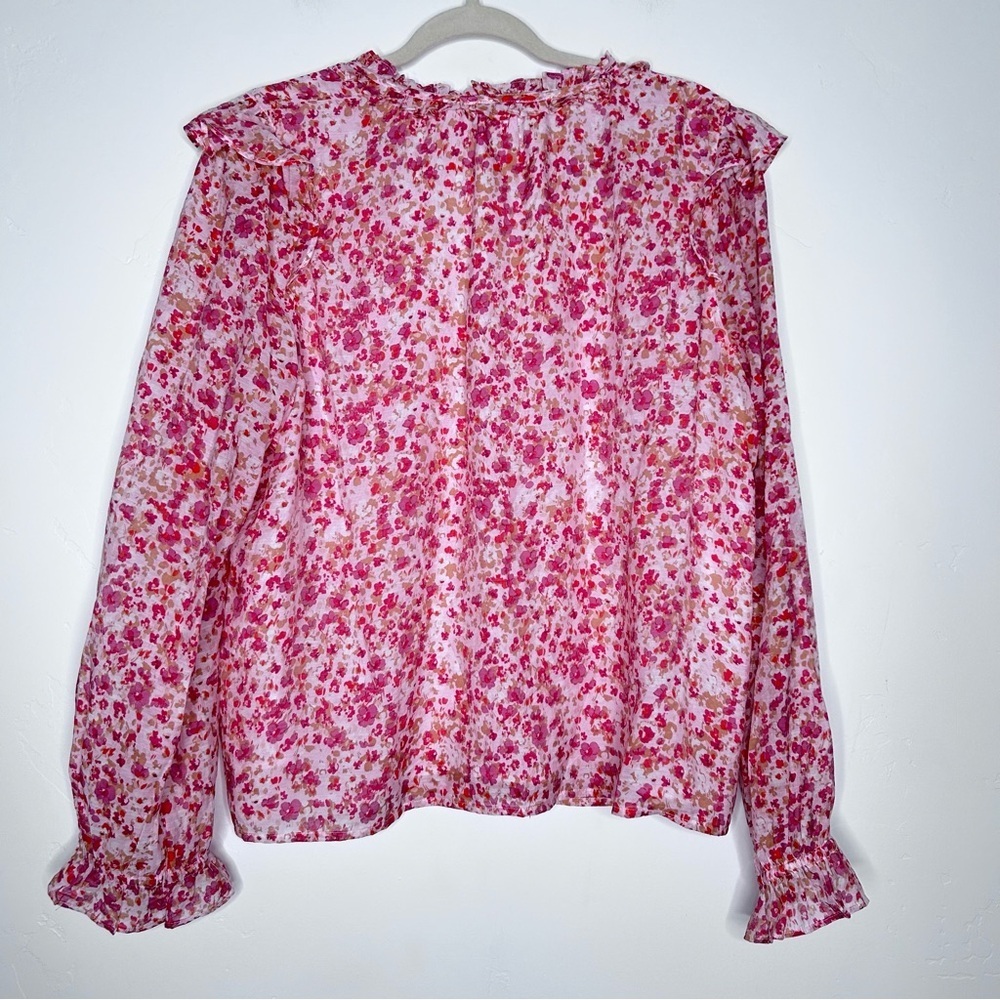 J. Crew Pink Floral Long Sleeve Ruffle Blouse Size Large Valentines Day Office - Picture 2 of 11